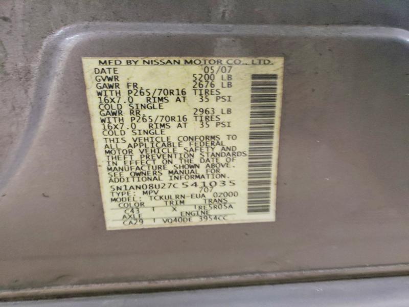 Aukcja sprzedaży 2007 Nissan Xterra, vin: 5N1AN08U27C541035, numer aukcji: 55915986