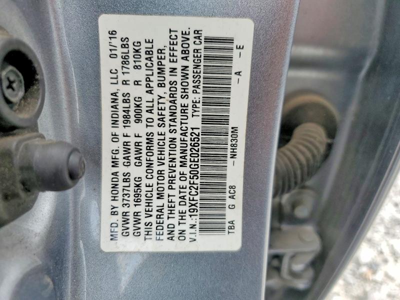 58593026 :رقم المزاد ، 19XFC2F50GE026521 vin ، 2016 Honda Civic مزاد بيع