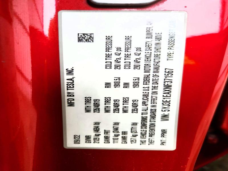 56638466 :رقم المزاد ، 5YJ3E1EAXNF371567 vin ، 2022 Tesla Model 3 مزاد بيع