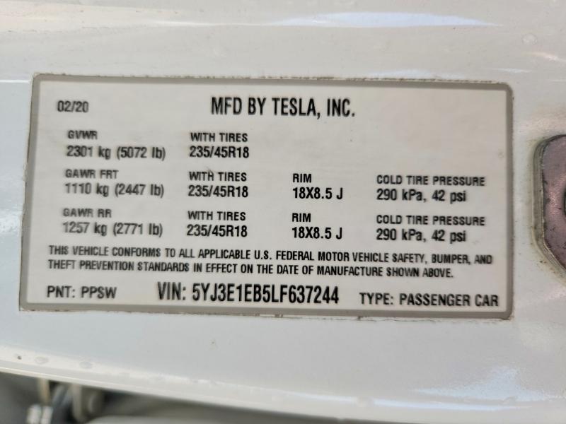 55900196 :رقم المزاد ، 5YJ3E1EB5LF637244 vin ، 2020 Tesla Model 3 مزاد بيع