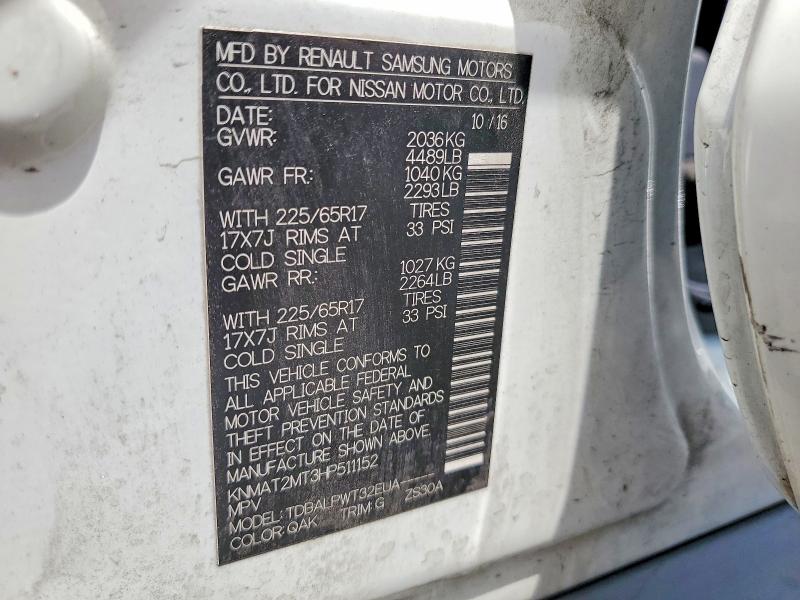 56536276 :رقم المزاد ، KNMAT2MT3HP511152 vin ، 2017 Nissan Rogue مزاد بيع