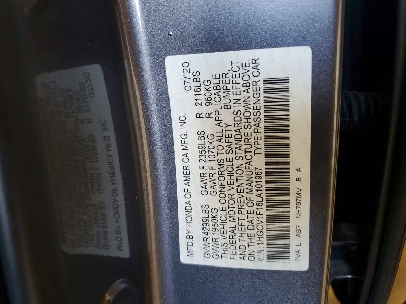 Продажа на аукционе авто 2020 Honda Accord, vin: 1HGCV1F16LA101967, номер лота: 55526256