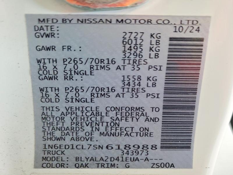 Aukcja sprzedaży 2025 Nissan Frontier, vin: 1N6ED1CL7SN618988, numer aukcji: 56661326