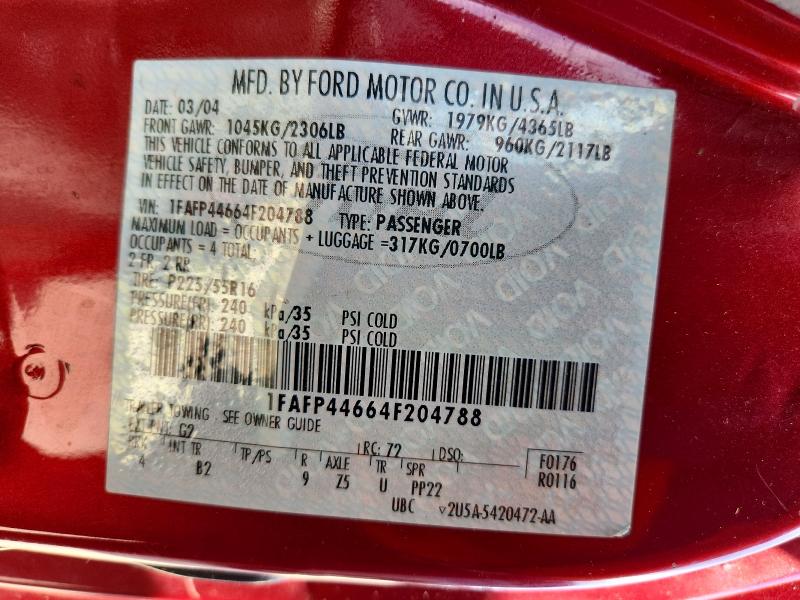 55566286 :رقم المزاد ، 1FAFP44664F204788 vin ، 2004 Ford Mustang مزاد بيع