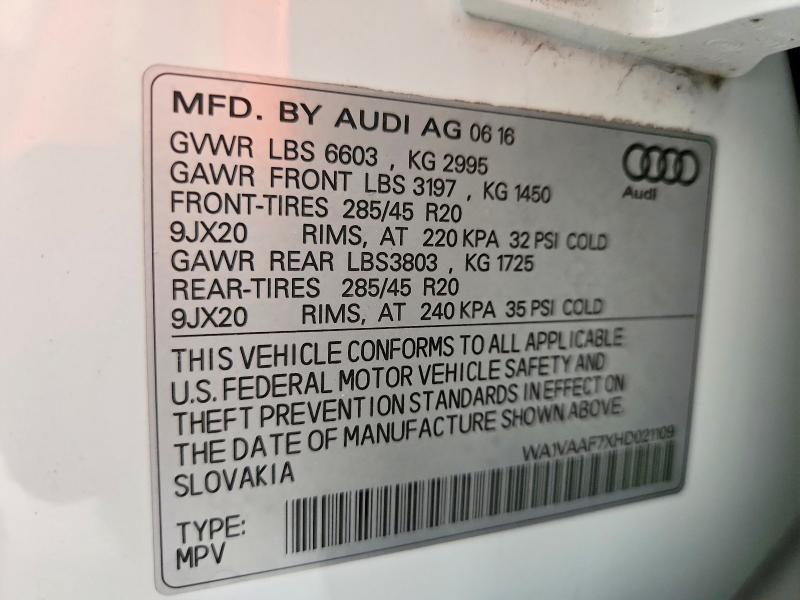 55818106 :رقم المزاد ، WA1VAAF7XHD021109 vin ، 2017 Audi Q7 مزاد بيع