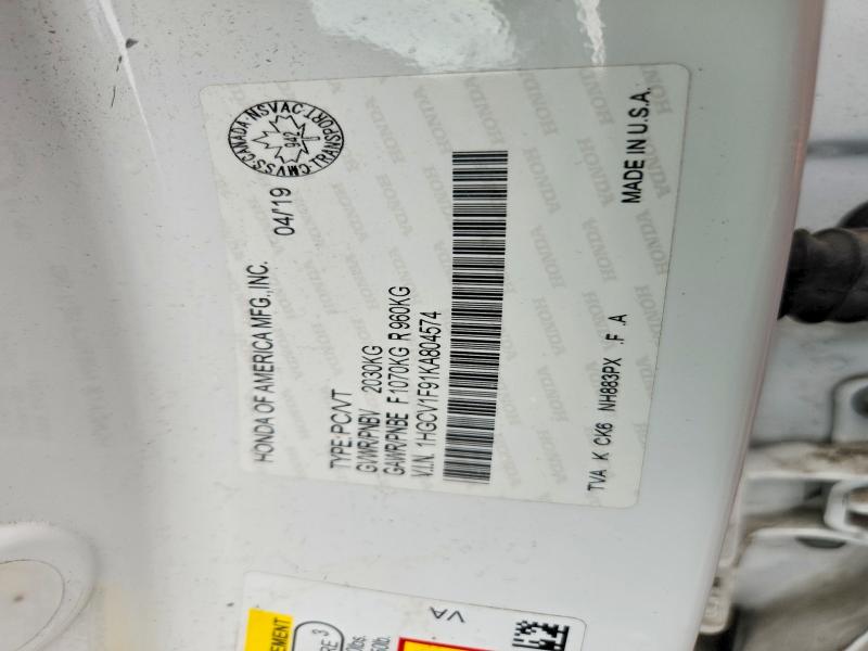 2019 Honda Accord მანქანა იყიდება აუქციონზე, vin: 1HGCV1F91KA804574, აუქციონის ნომერი: 57916486