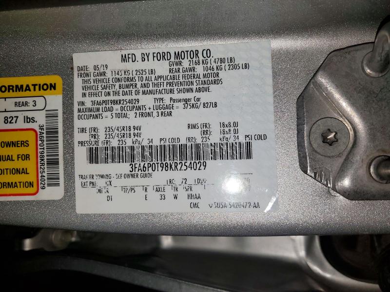 56876666 :رقم المزاد ، 3FA6P0T98KR254029 vin ، 2019 Ford Fusion مزاد بيع