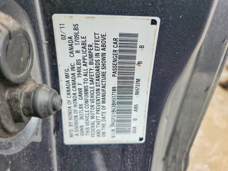 58531096 :رقم المزاد ، 2HGFG1B63BH517189 vin ، 2011 Honda Civic مزاد بيع