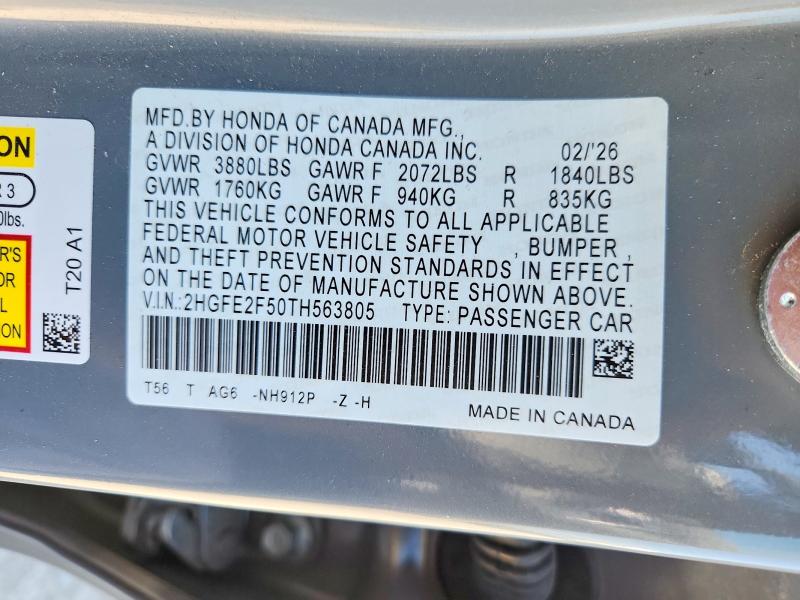 55753176 :رقم المزاد ، 2HGFE2F50TH563805 vin ، 2026 Honda Civic مزاد بيع