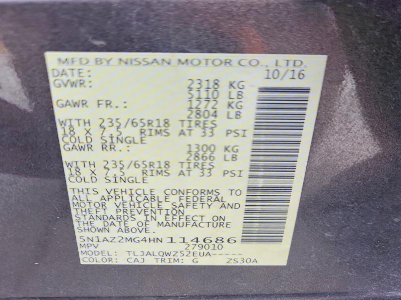 Auction sale of the 2017 Nissan Murano, vin: 5N1AZ2MG4HN114686, lot number: 55927666