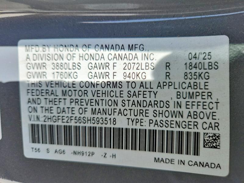 56694496 :رقم المزاد ، 2HGFE2F56SH593518 vin ، 2025 Honda Civic مزاد بيع