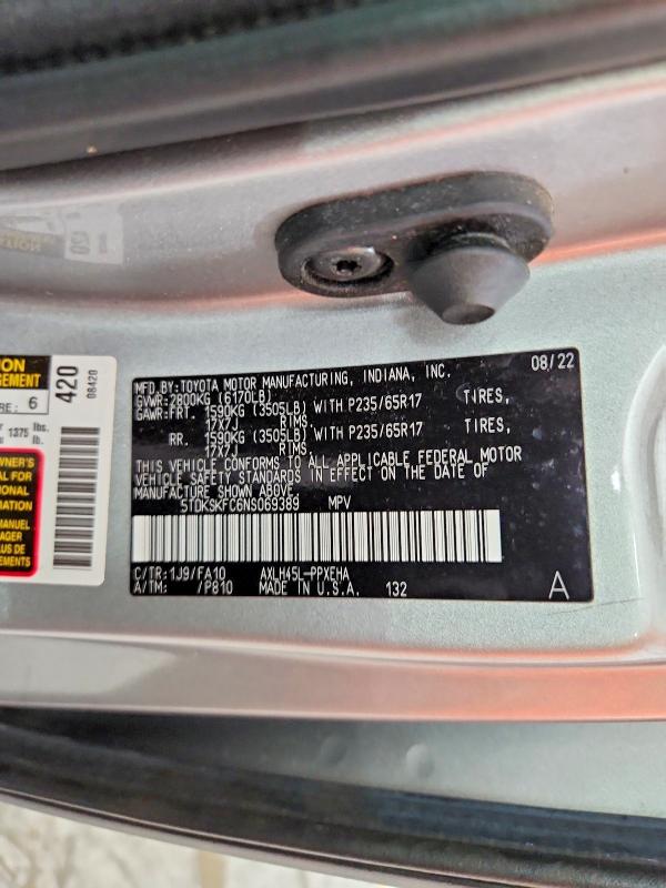 58296686 :رقم المزاد ، 5TDKSKFC6NS069389 vin ، 2022 Toyota Sienna مزاد بيع