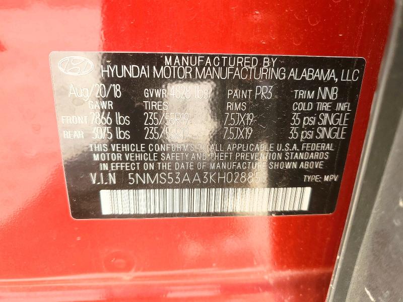 2019 Hyundai Santa Fe მანქანა იყიდება აუქციონზე, vin: 5NMS53AA3KH028851, აუქციონის ნომერი: 57058976