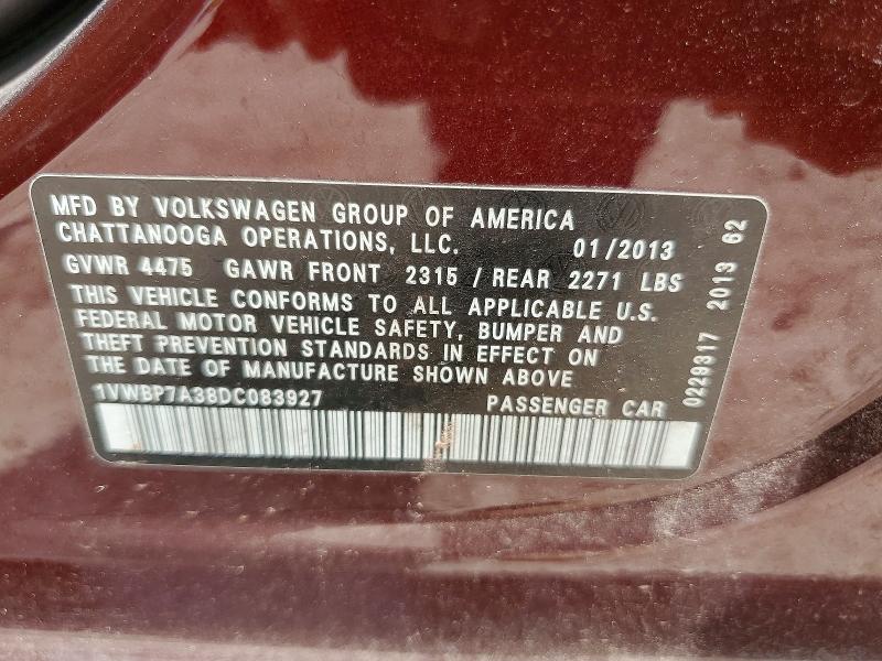 58590006 :رقم المزاد ، 1VWBP7A38DC083927 vin ، 2013 Volkswagen Passat مزاد بيع