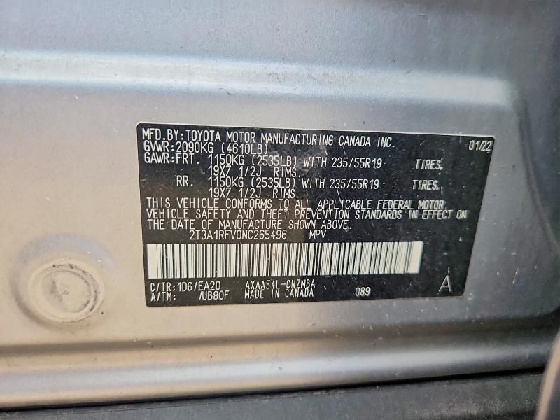 Auction sale of the 2022 Toyota Rav4, vin: 2T3A1RFV0NC265496, lot number: 59099416