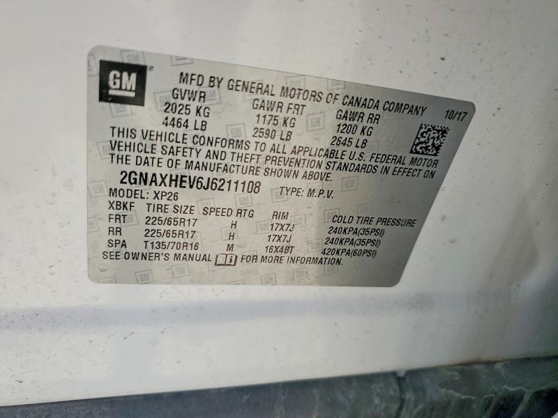 2018 Chevrolet Equinox მანქანა იყიდება აუქციონზე, vin: 2GNAXHEV6J6211108, აუქციონის ნომერი: 57470616