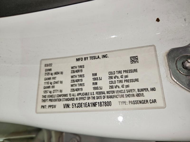 2022 Tesla Model 3 მანქანა იყიდება აუქციონზე, vin: 5YJ3E1EA1NF187800, აუქციონის ნომერი: 57337556