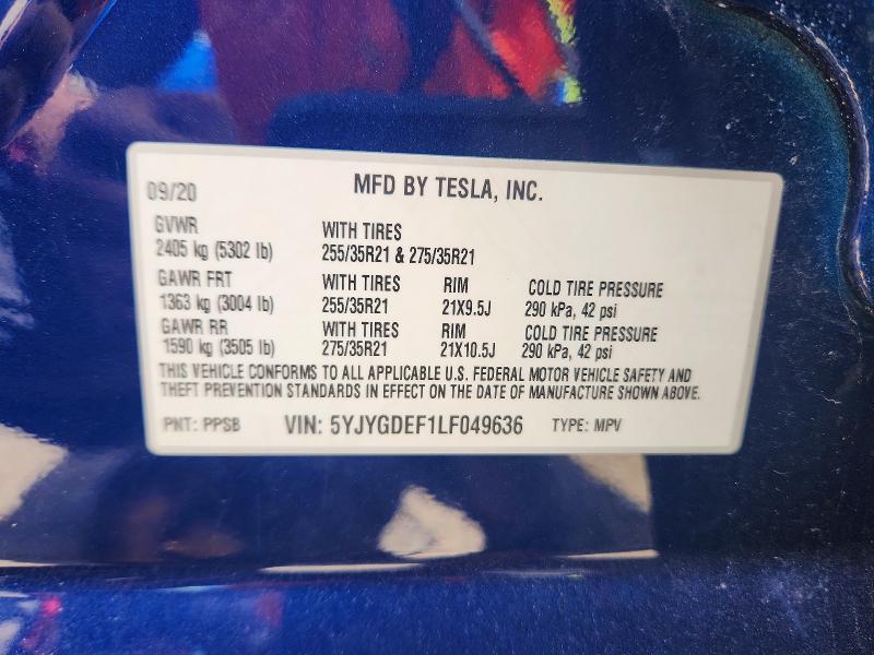 57962236 :رقم المزاد ، 5YJYGDEF1LF049636 vin ، 2020 Tesla Model Y مزاد بيع