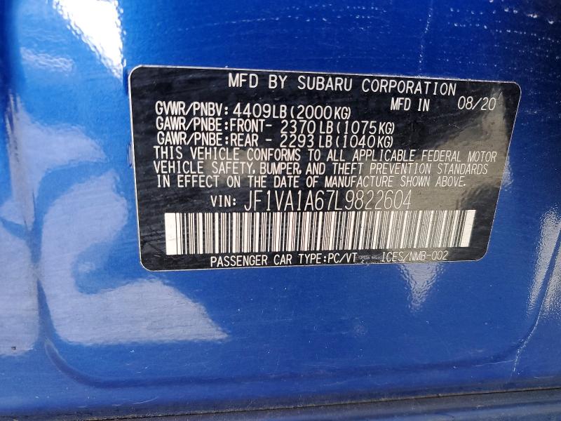 Продажа на аукционе авто 2020 Subaru Wrx, vin: JF1VA1A67L9822604, номер лота: 57420686