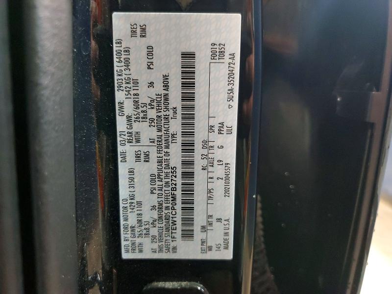 Aukcja sprzedaży 2021 Ford F150, vin: 1FTEW1CP0MFB27255, numer aukcji: 58133846