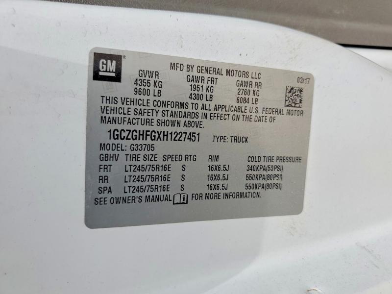 Aukcja sprzedaży 2017 Chevrolet Express G3500, vin: 1GCZGHFGXH1227451, numer aukcji: 58939626