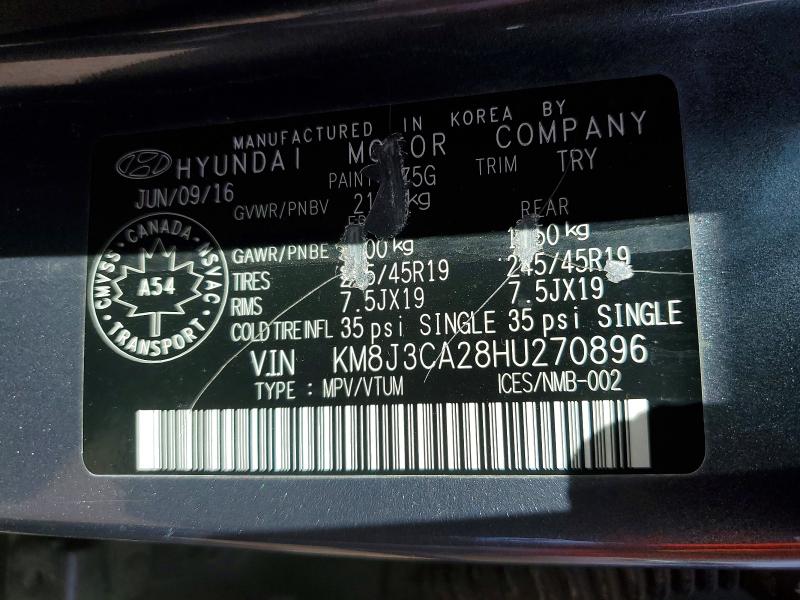 57057416 :رقم المزاد ، KM8J3CA28HU270896 vin ، 2017 Hyundai Tucson مزاد بيع