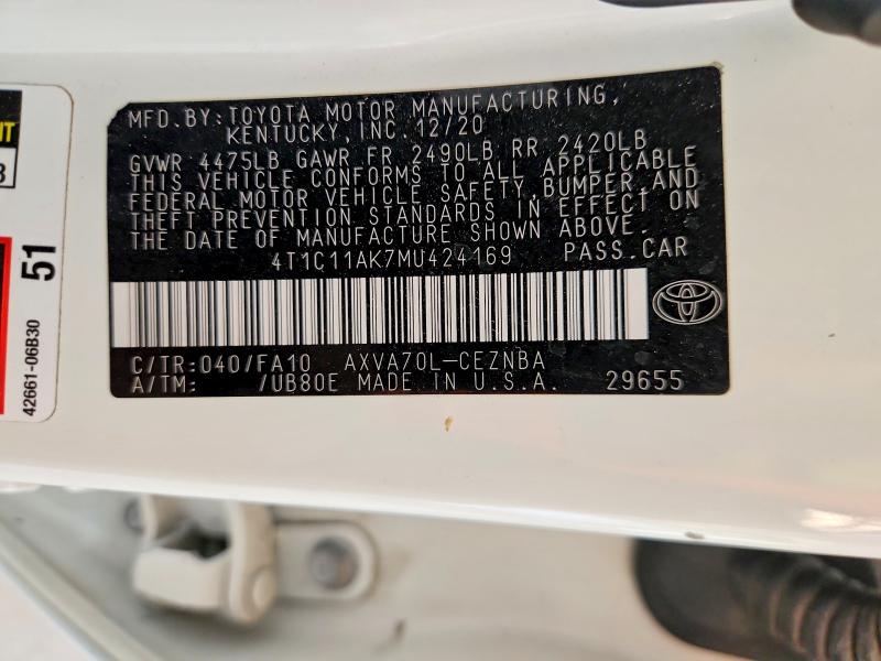 Aukcja sprzedaży 2021 Toyota Camry, vin: 4T1C11AK7MU424169, numer aukcji: 59538216