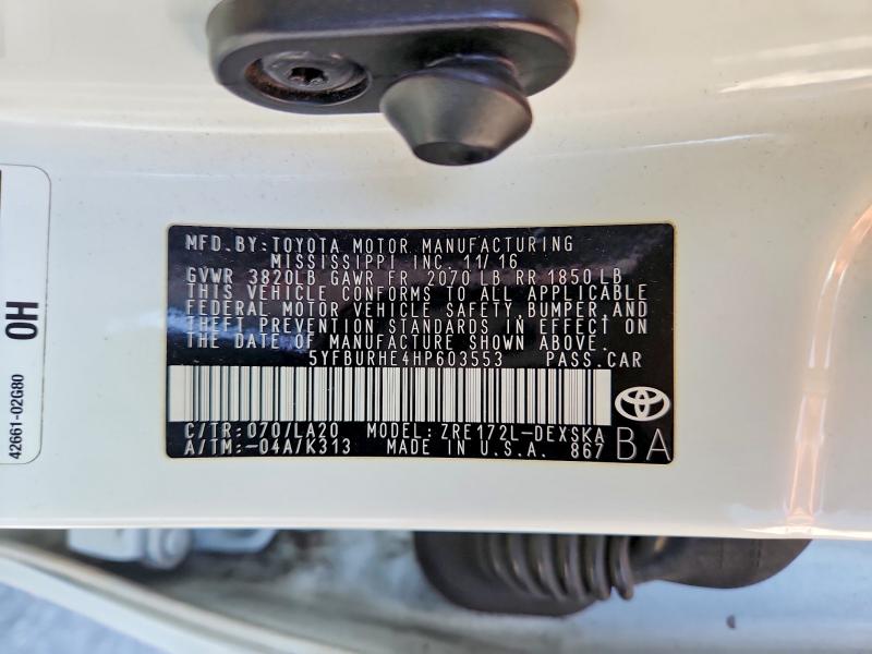 2017 Toyota Corolla მანქანა იყიდება აუქციონზე, vin: 5YFBURHE4HP603553, აუქციონის ნომერი: 55658046