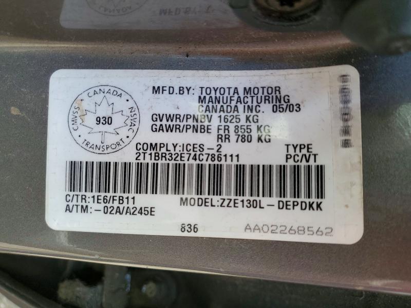 Aukcja sprzedaży 2004 Toyota Corolla, vin: 2T1BR32E74C786111, numer aukcji: 56781636