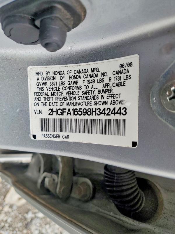 2008 Honda Civic მანქანა იყიდება აუქციონზე, vin: 2HGFA16598H342443, აუქციონის ნომერი: 58508696