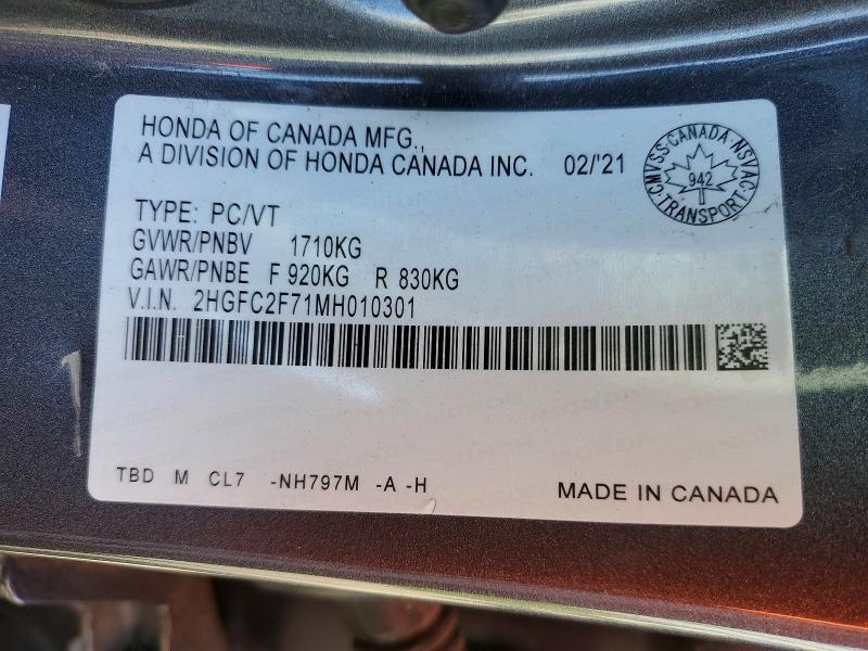 Продажа на аукционе авто 2021 Honda Civic, vin: 2HGFC2F71MH010301, номер лота: 56591326