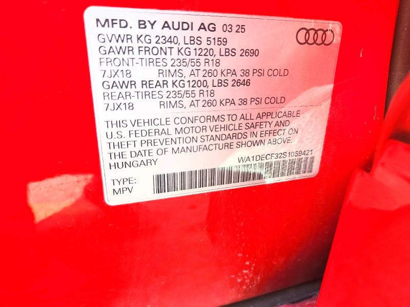 57495356 :رقم المزاد ، WA1DECF32S1059421 vin ، 2025 Audi Q3 مزاد بيع