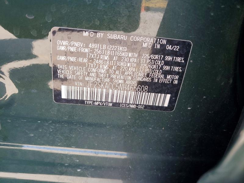 2022 Subaru Forester მანქანა იყიდება აუქციონზე, vin: JF2SKACC5NH465608, აუქციონის ნომერი: 56085446