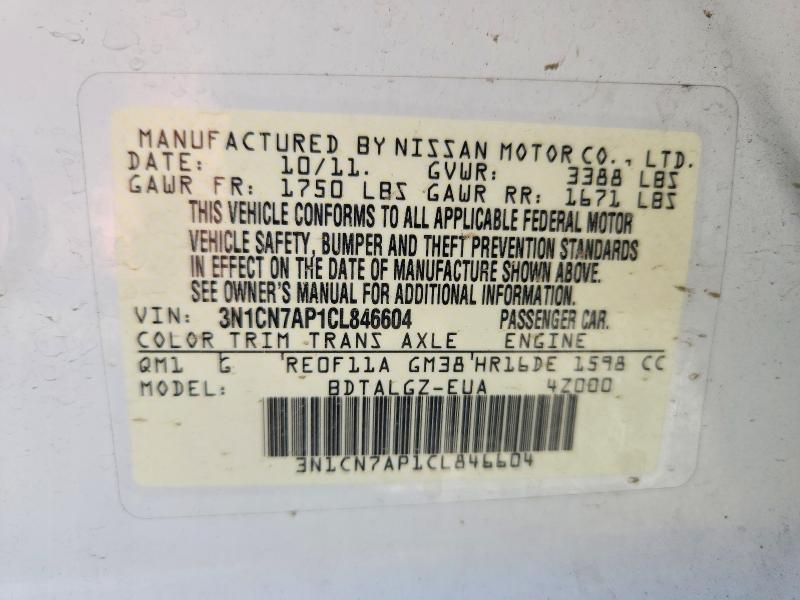 56652306 :رقم المزاد ، 3N1CN7AP1CL846604 vin ، 2012 Nissan Versa مزاد بيع