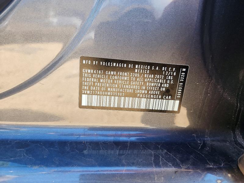 2017 Volkswagen Golf მანქანა იყიდება აუქციონზე, vin: 3VW217AU0HM035983, აუქციონის ნომერი: 56834756