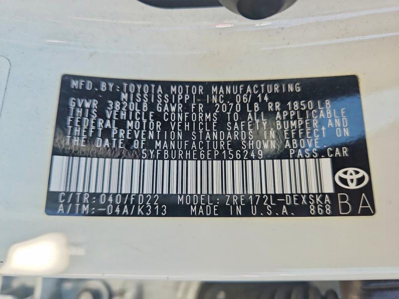 Aukcja sprzedaży 2014 Toyota Corolla, vin: 5YFBURHE6EP156249, numer aukcji: 58843716