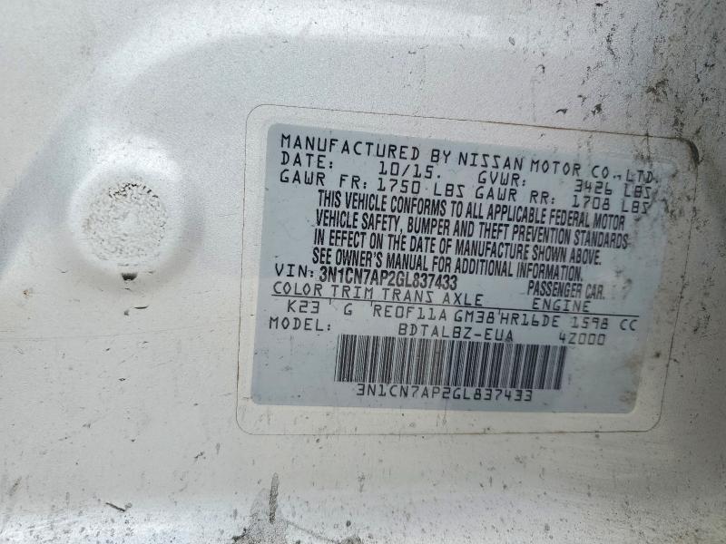 Aukcja sprzedaży 2016 Nissan Versa, vin: 3N1CN7AP2GL837433, numer aukcji: 56892586