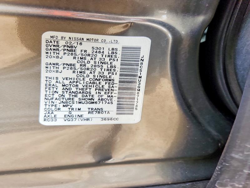 57770556 :رقم المزاد ، JN8CS1MU3GM671745 vin ، 2016 Infiniti Qx70 مزاد بيع