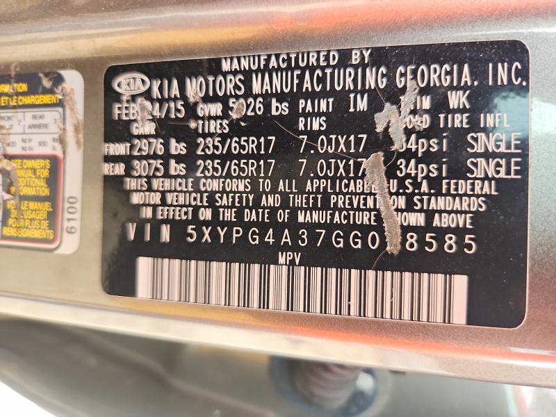 Продаж на аукціоні авто 2016 Kia Sorento, vin: 5XYPG4A37GG028585, номер лоту: 56285526