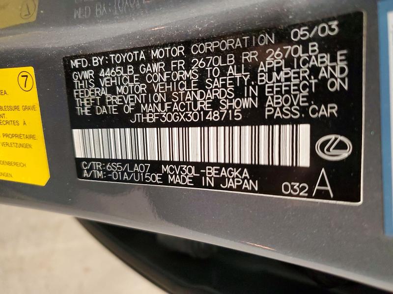 Aukcja sprzedaży 2003 Lexus Es, vin: JTHBF30GX30148715, numer aukcji: 58024476