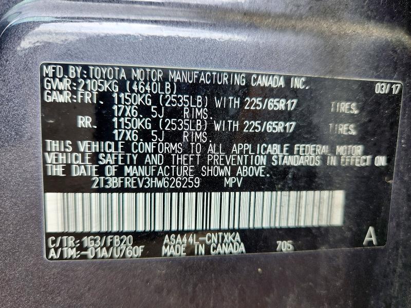 56570776 :رقم المزاد ، 2T3BFREV3HW626259 vin ، 2017 Toyota Rav4 مزاد بيع