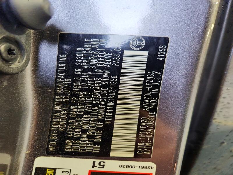 Aukcja sprzedaży 2019 Toyota Camry, vin: 4T1B11HK1KU210356, numer aukcji: 58030206