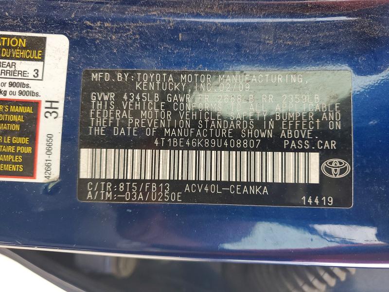 Продажа на аукционе авто 2009 Toyota Camry, vin: 4T1BE46K89U408807, номер лота: 56747286