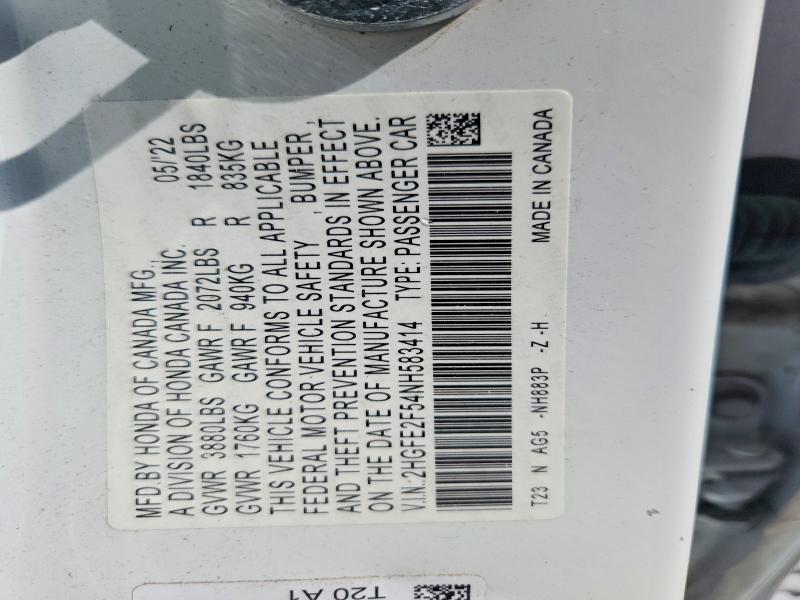 Продажа на аукционе авто 2022 Honda Civic, vin: 2HGFE2F54NH583414, номер лота: 57820376