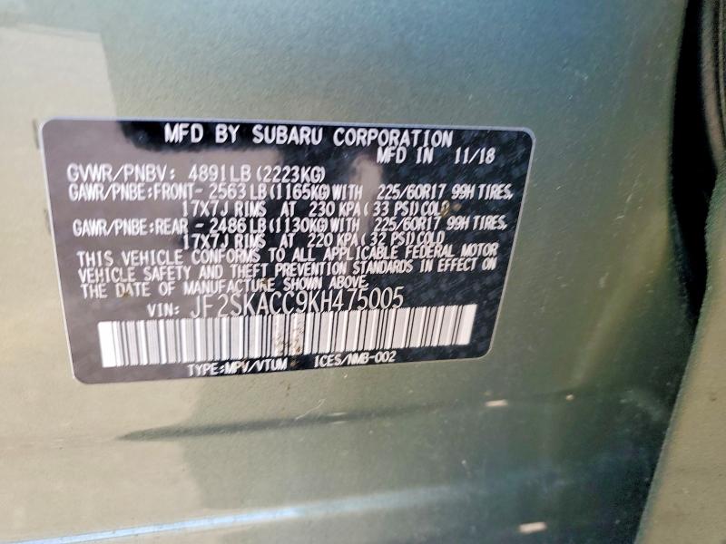 Продаж на аукціоні авто 2019 Subaru Forester, vin: JF2SKACC9KH475005, номер лоту: 54767016
