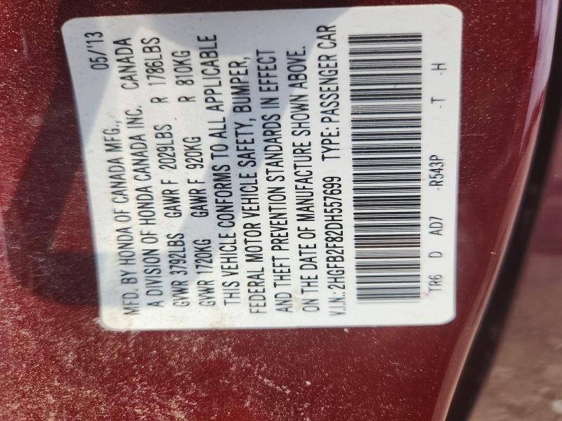 56626386 :رقم المزاد ، 2HGFB2F82DH557699 vin ، 2013 Honda Civic مزاد بيع