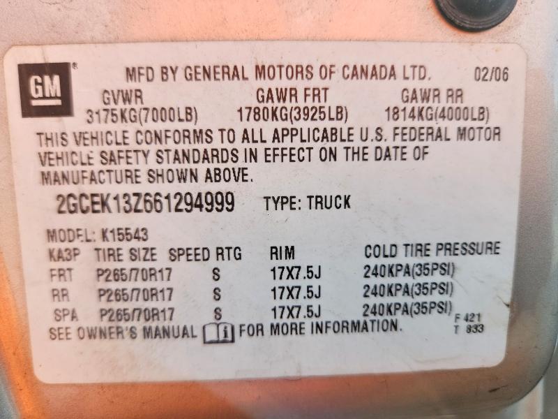 2006 Chevrolet Silverado მანქანა იყიდება აუქციონზე, vin: 2GCEK13Z661294999, აუქციონის ნომერი: 58641786