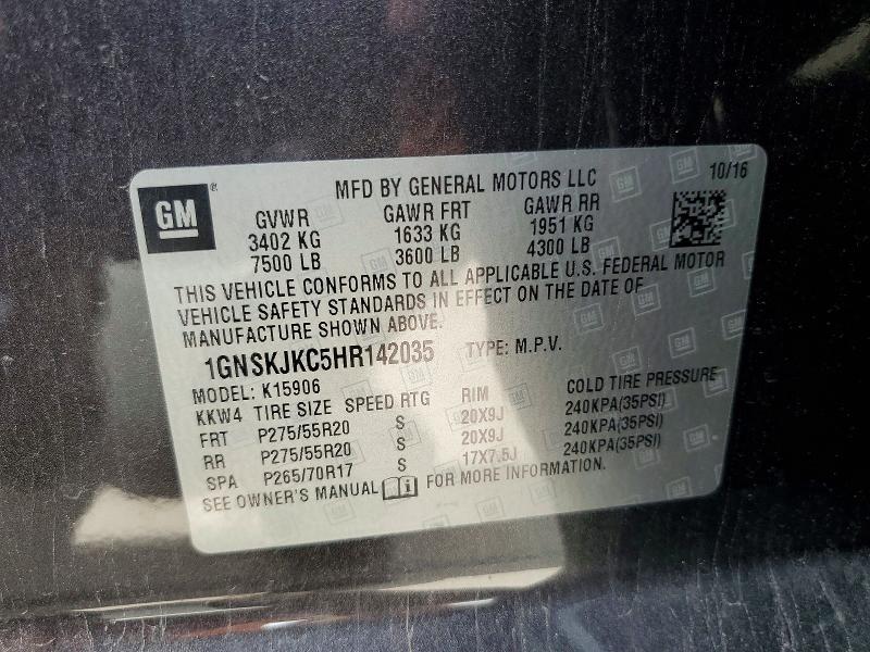 Aukcja sprzedaży 2017 Chevrolet Suburban, vin: 1GNSKJKC5HR142035, numer aukcji: 56973896