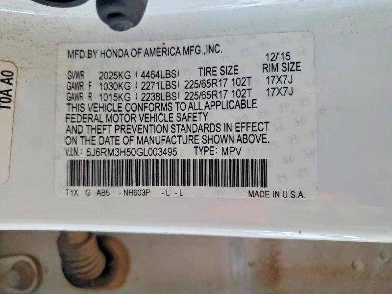 Aukcja sprzedaży 2016 Honda Cr-v, vin: 5J6RM3H50GL003495, numer aukcji: 57261636