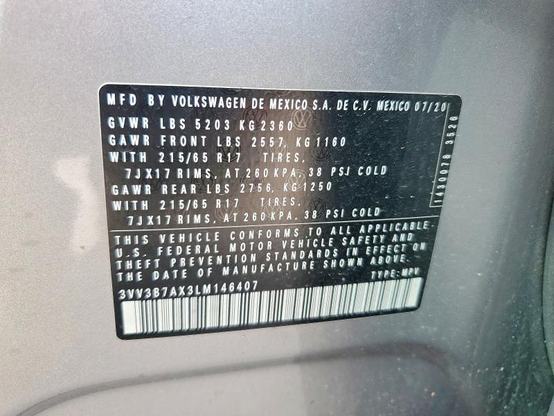 2020 Volkswagen Tiguan მანქანა იყიდება აუქციონზე, vin: 3VV3B7AX3LM146407, აუქციონის ნომერი: 57929816